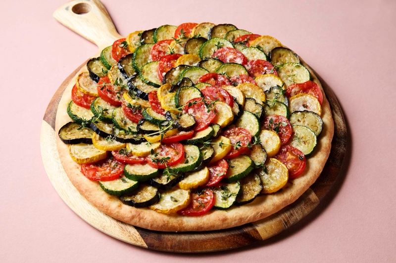 Tian Provençal, eggplant, zucchini, and tomatoes on flatbread from Provence