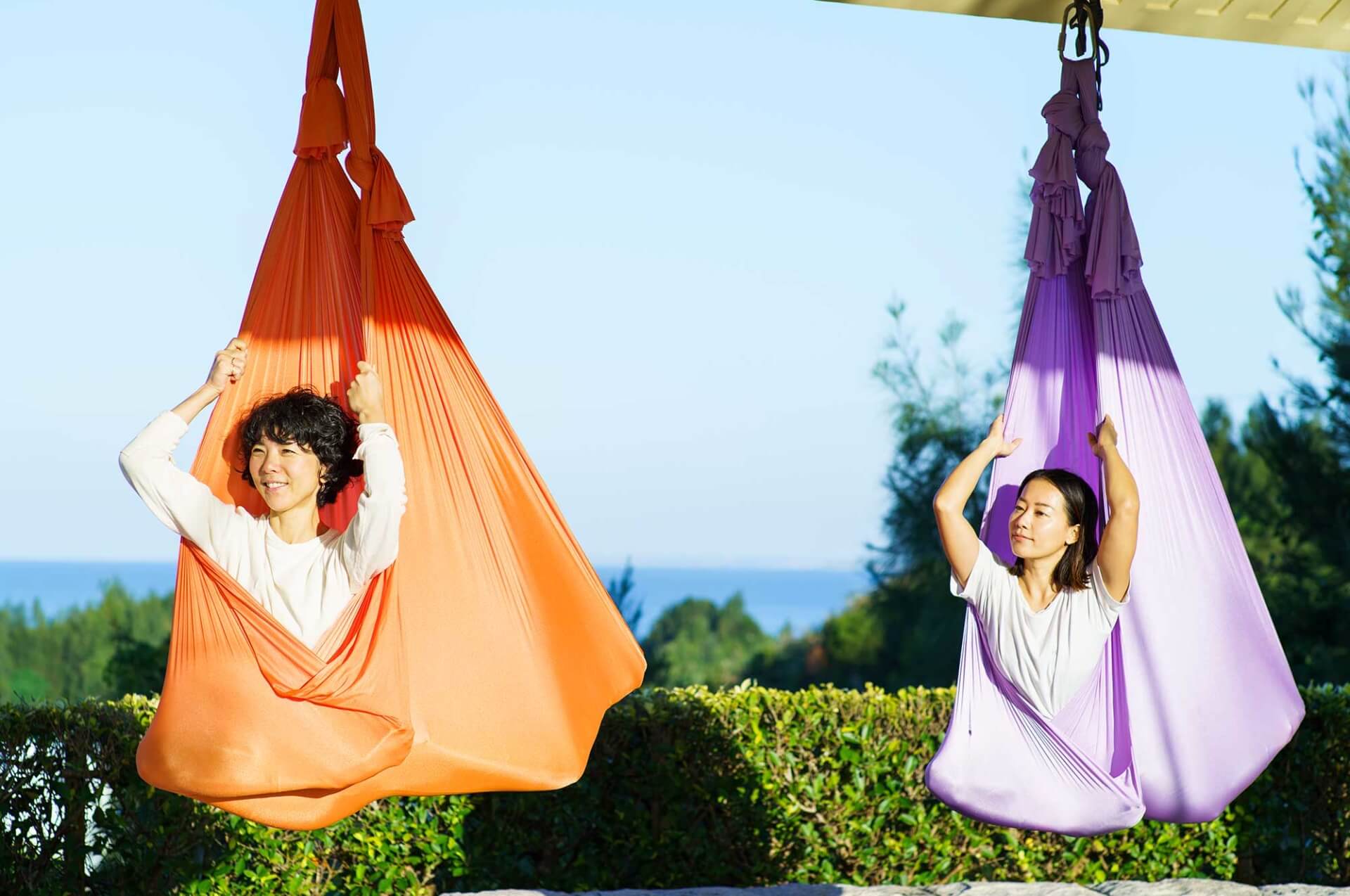 Aerial yoga, one of the hotel's activities, gives you the yoga experience while being comfortably wrapped in a hammock.