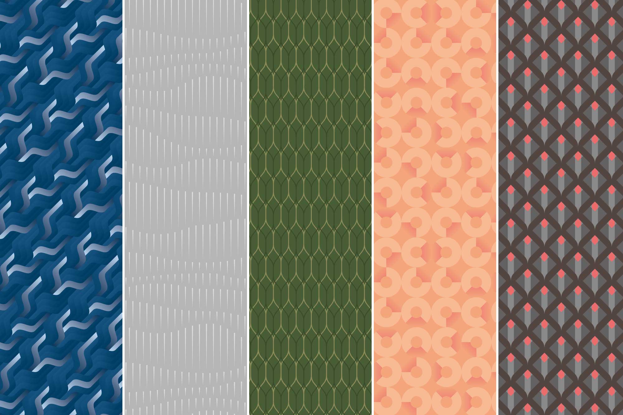 From left to right, our original design patterns: the Yambaru Ocean, Island Time, the Yambaru Forest, Sunset, Yambaru Wildlife.